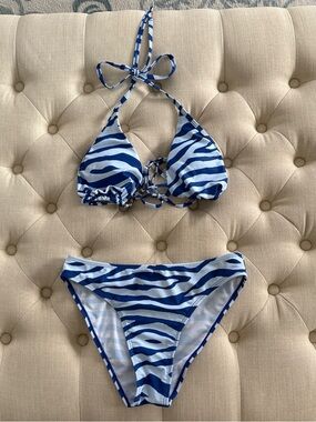 Blue & White Zebra Print Triangle Bikini